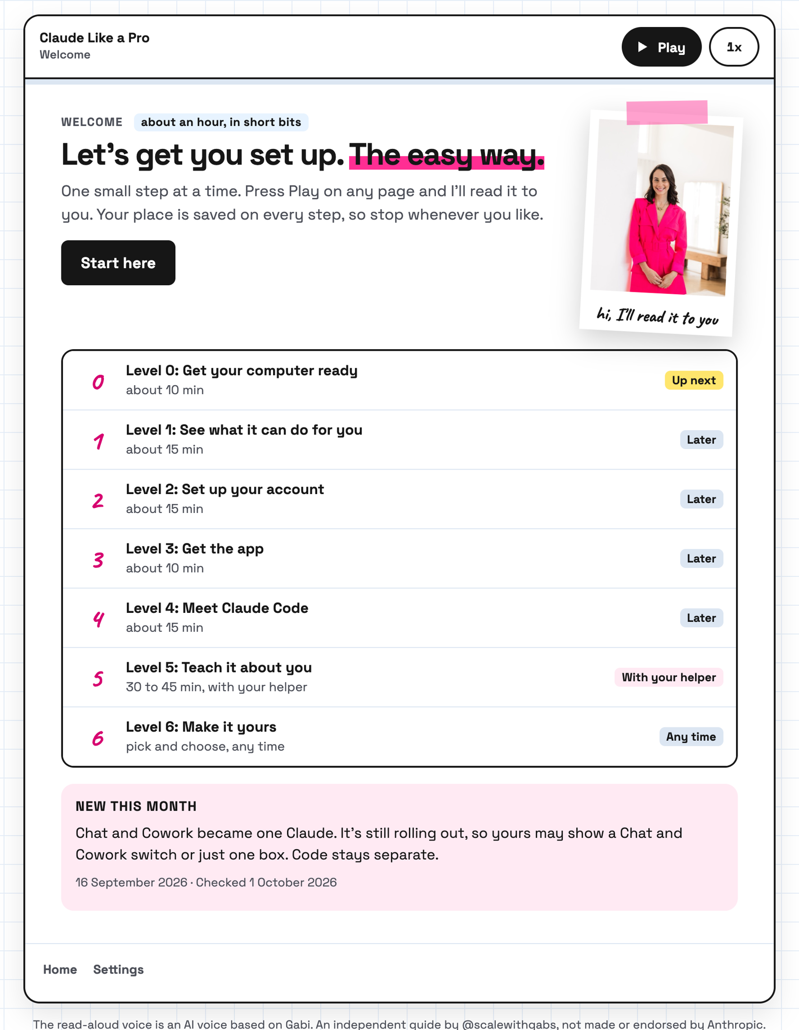 The Claude Like a Pro course's welcome page: the heading Let's get you set up, the easy way, a Play button, a photo of Gabi, and seven levels from Get your computer ready to Make it yours, each with a time.