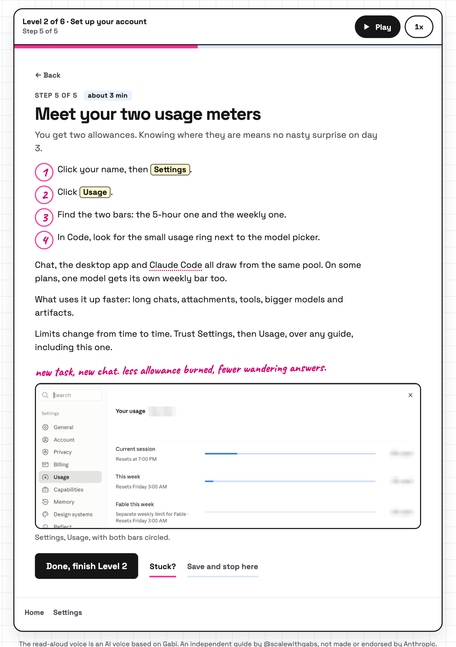 A step called Meet your two usage meters, with four numbered clicks, a short note, a screenshot of Claude's usage settings, and Done, Stuck? and Save and stop here buttons.