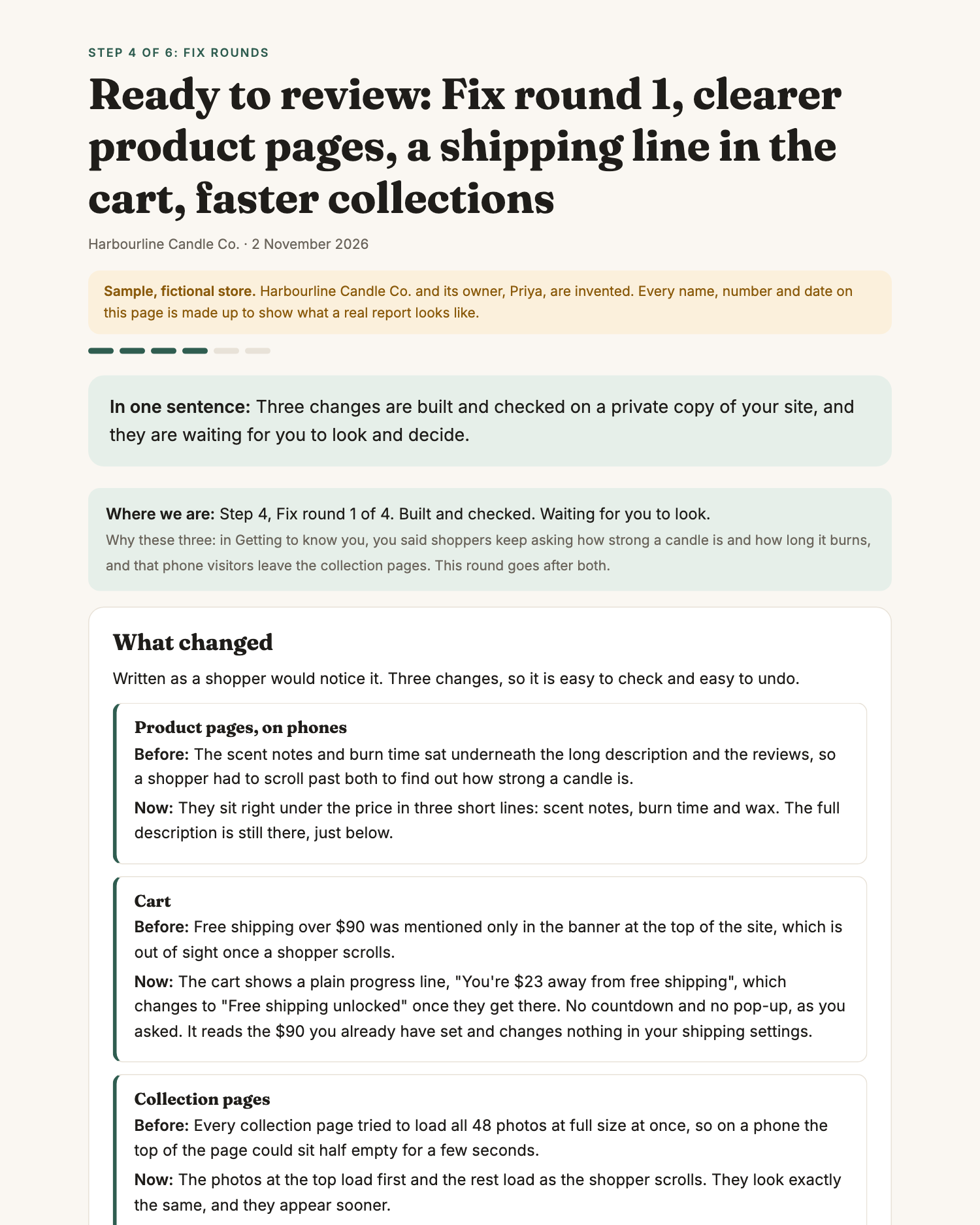 A sample Found and Bought review card for a fix round