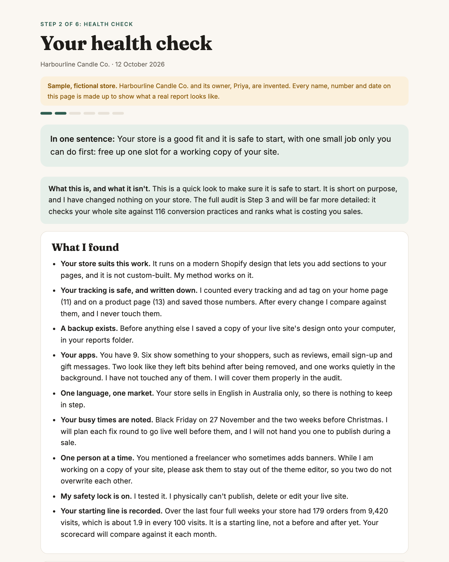 A sample Found and Bought health check page