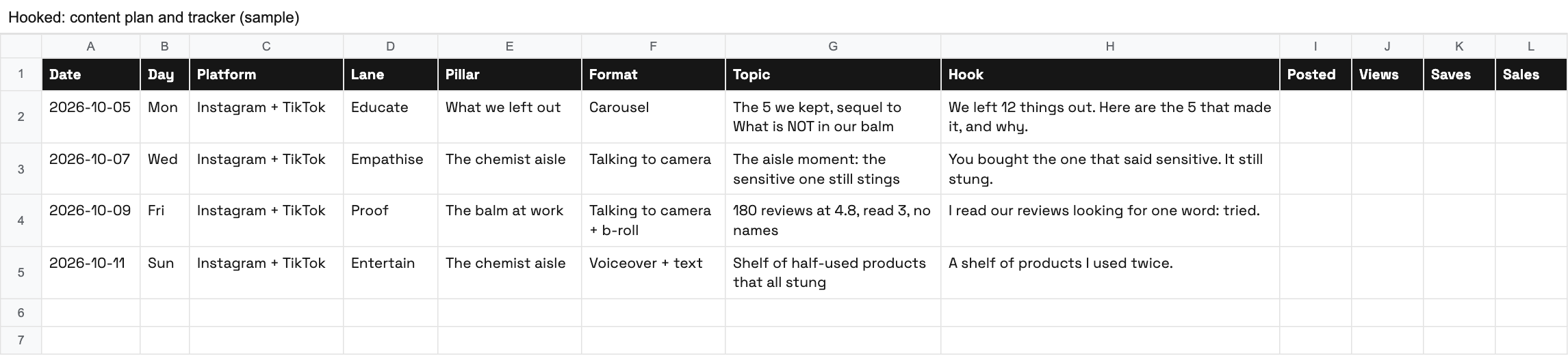 A sample Hooked content plan and tracker opened as a spreadsheet