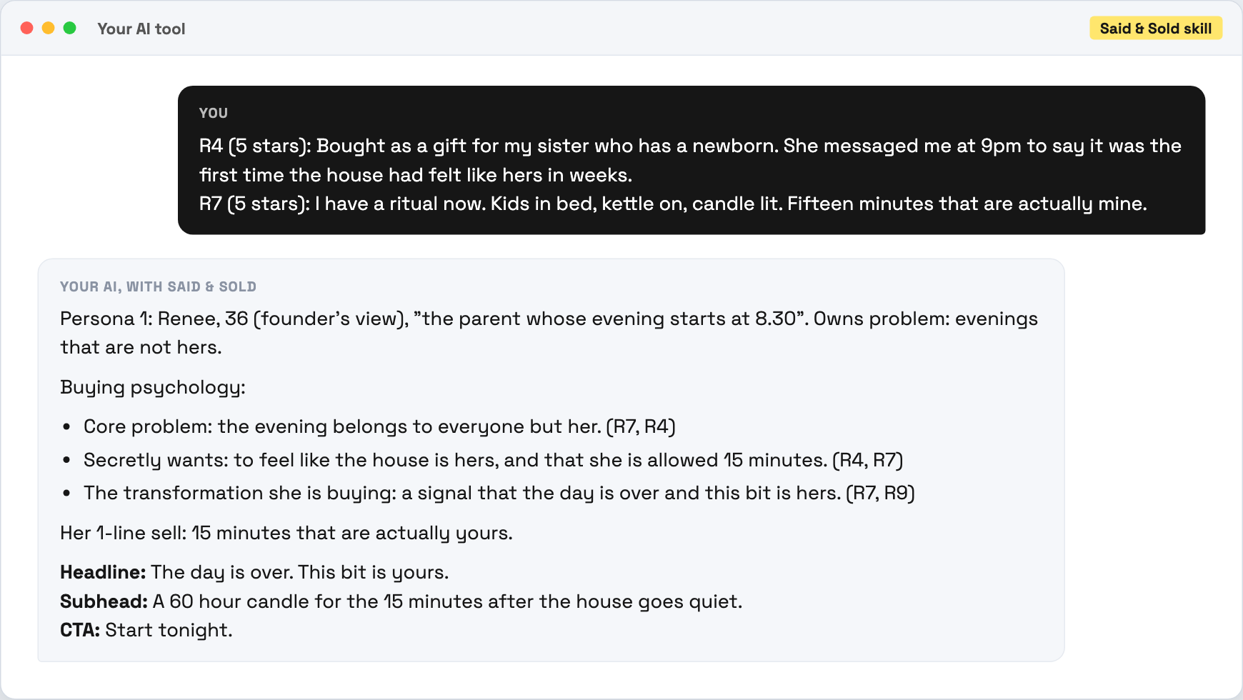 Said & Sold turning two reviews into a persona and a homepage headline