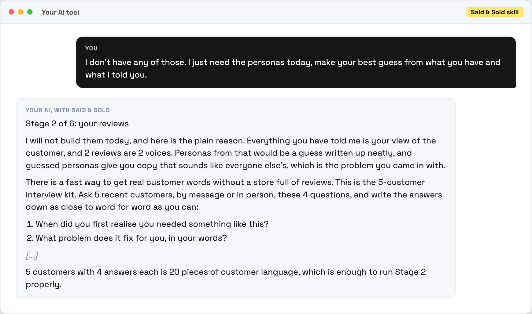 Said & Sold refusing to guess personas from two reviews
