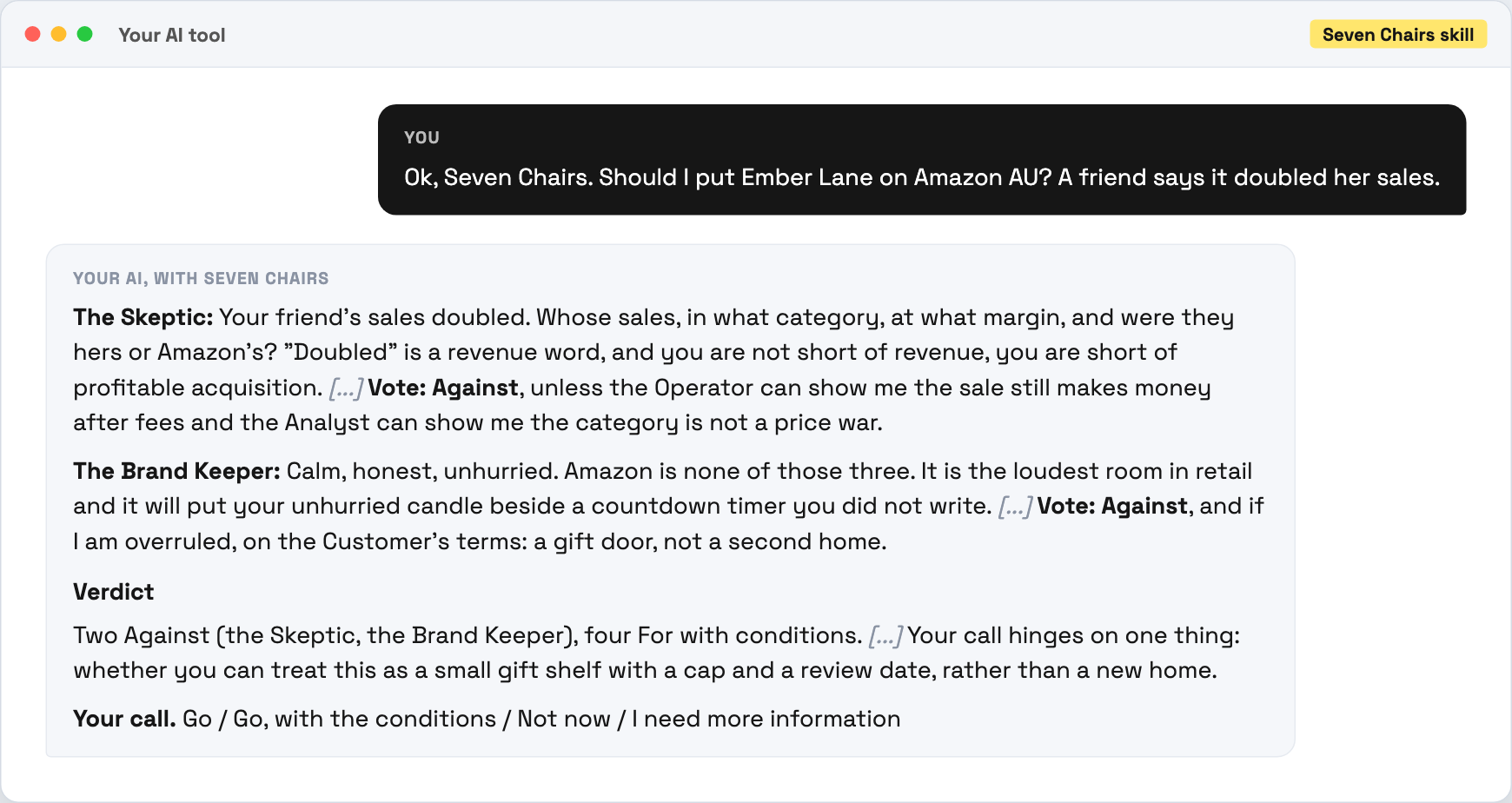 Seven Chairs advisers debating whether a candle brand should go on Amazon Australia