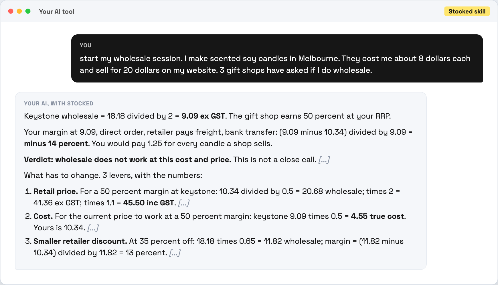 Stocked showing that wholesale does not work for a candle brand and the three levers