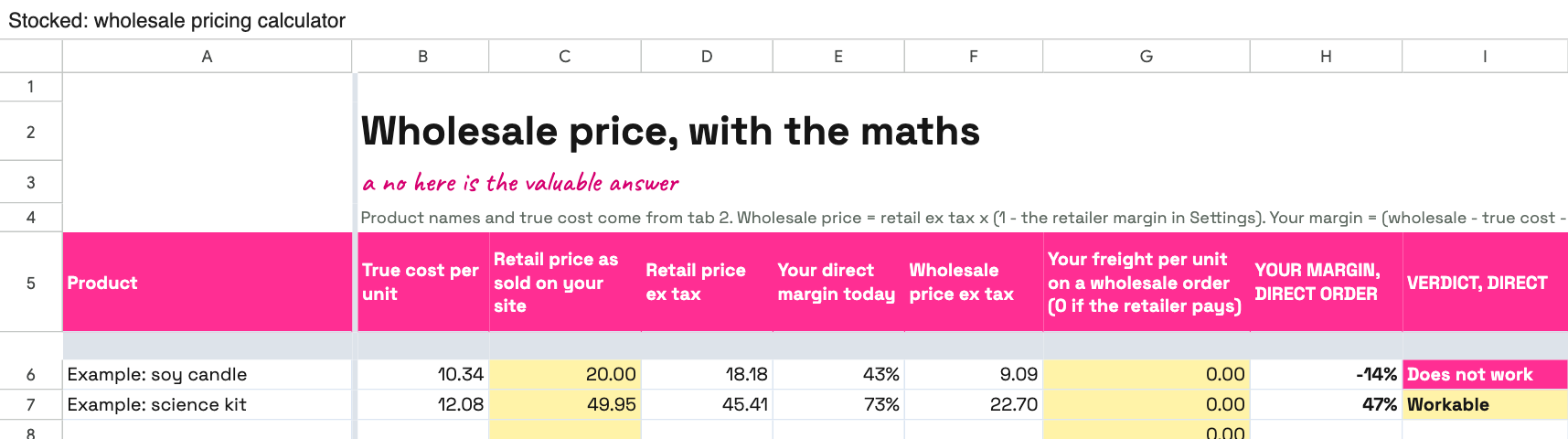 The Stocked pricing calculator Google Sheet with the candle and science kit examples