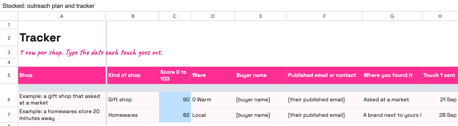 The Stocked outreach tracker Google Sheet with two example shops